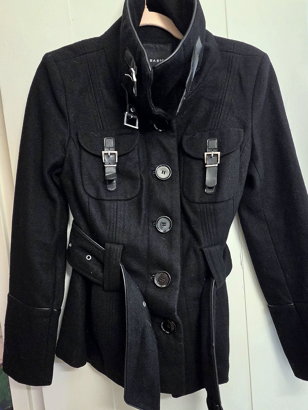 Zara Black Wool-Blend Belted Pea Coat with Buckle Accents